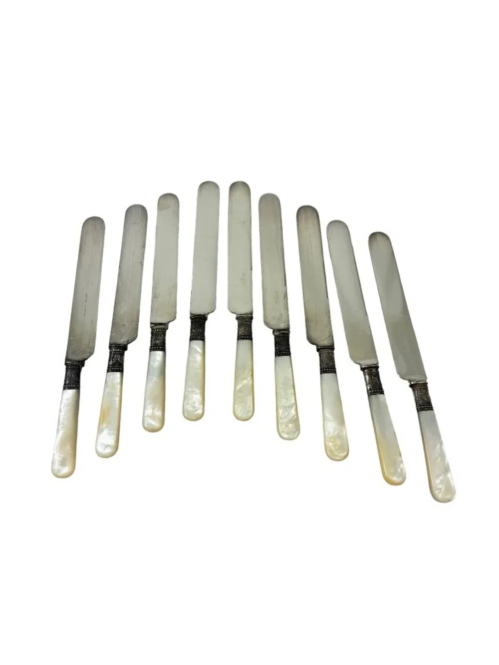Pearl Handled 9 Dinner Knives Sterling Silver Bolster Hallmarked Antique